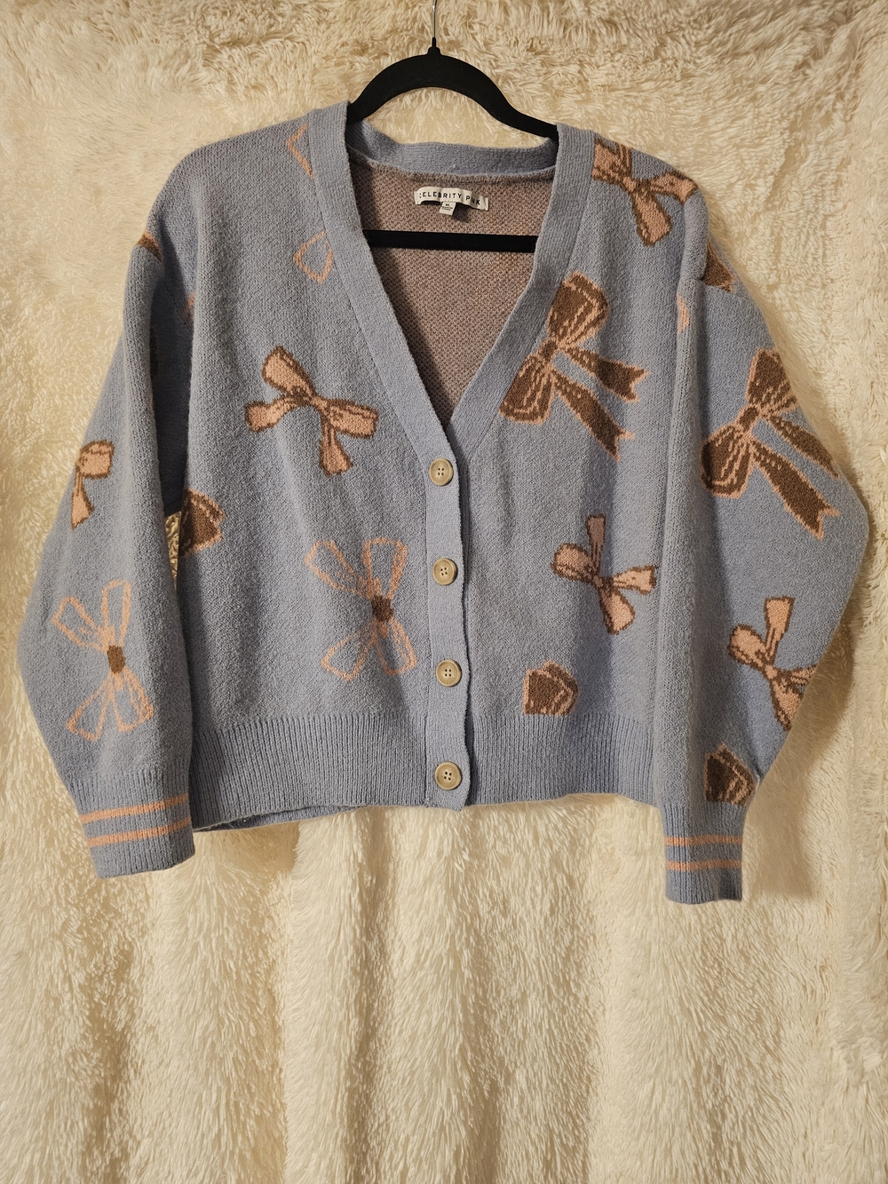Celebrity Pink Light Blue Bow-Print V-Neck Cardigan